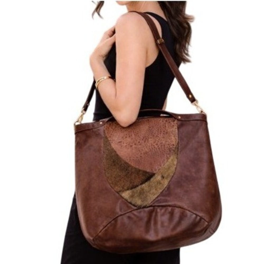 Aleanto Collezioni Italy Brown Leather Calf Hair Croc Hobo Shoulder Bag Large